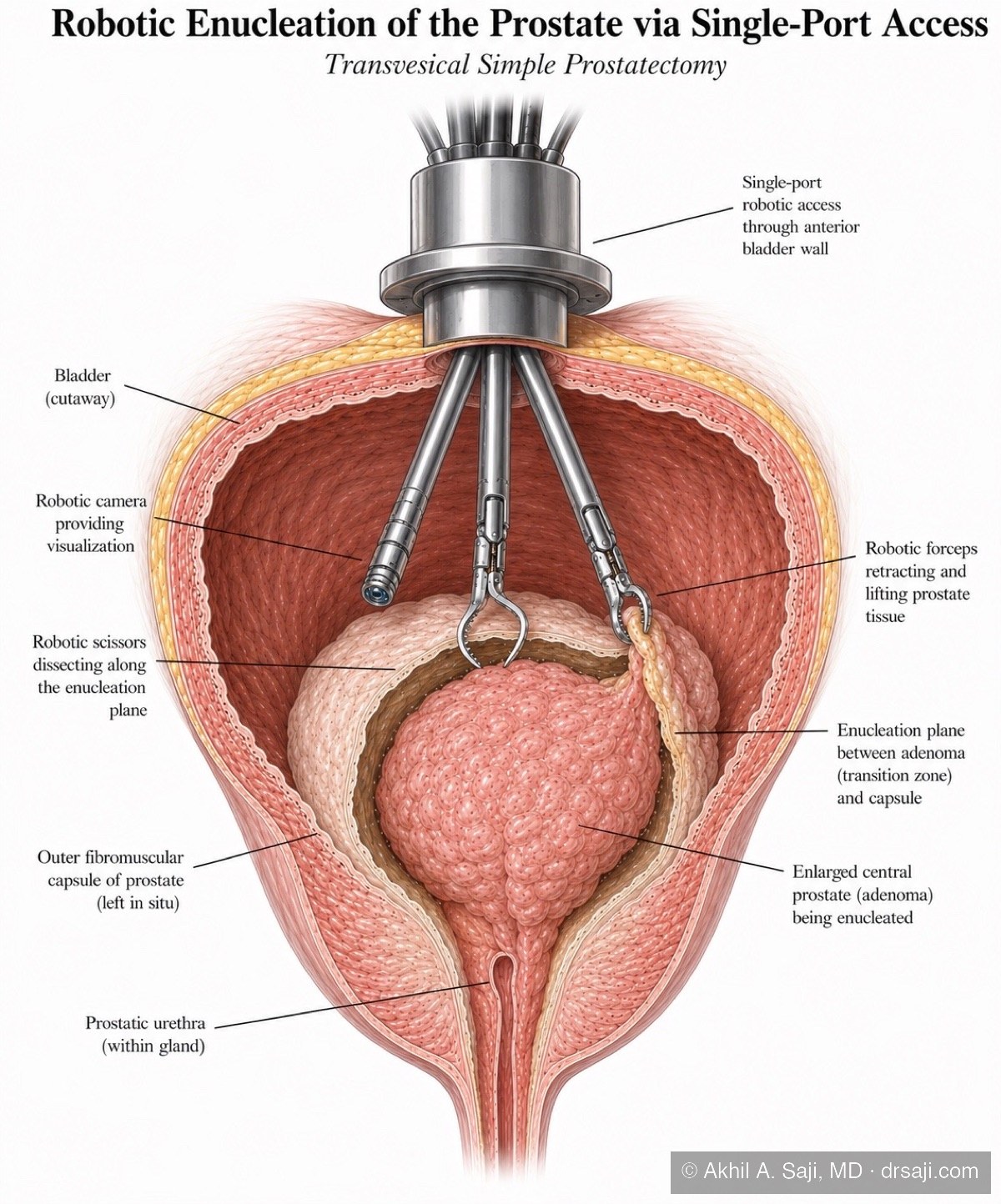 Illustration of single-port robotic enucleation of the prostate: robotic camera and instruments working through one port in the anterior bladder wall, dissecting the adenoma from the capsule